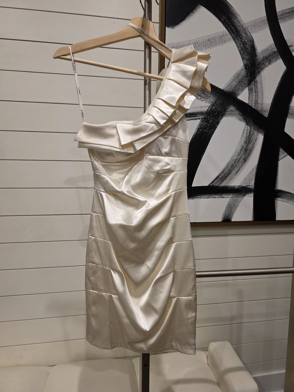 B Darlin One-Shoulder Ivory Satin Ruffle Mini Dress